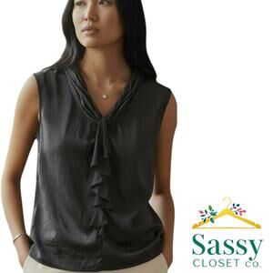 Banana Republic Black Silk Ruffle Sleeveless Blouse Mandarin Collar Size S